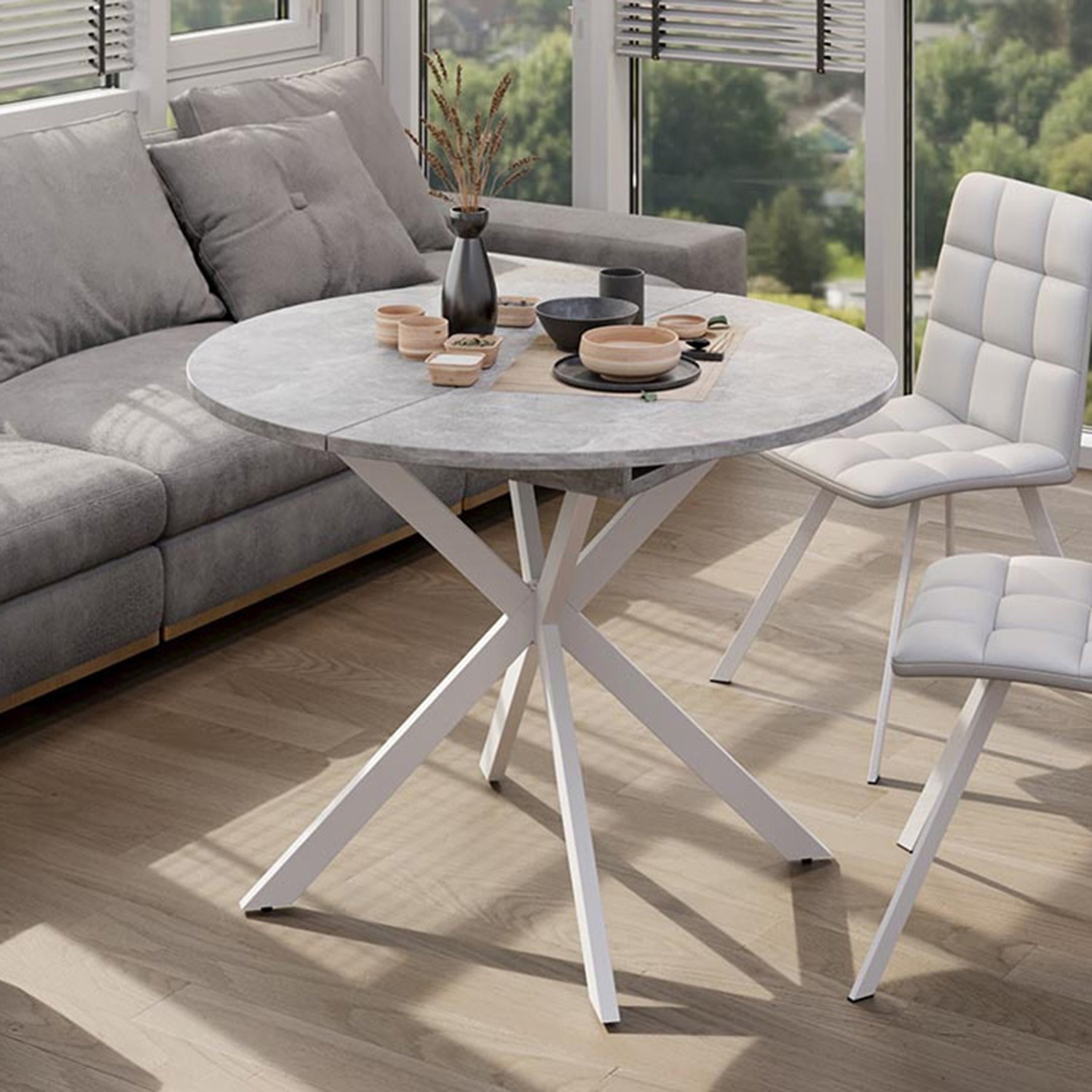 Стол обеденный круглый раздв.Мэдисон d1000(+315)мм h750мм Ателье светлый/белый муар ТриЯ*1