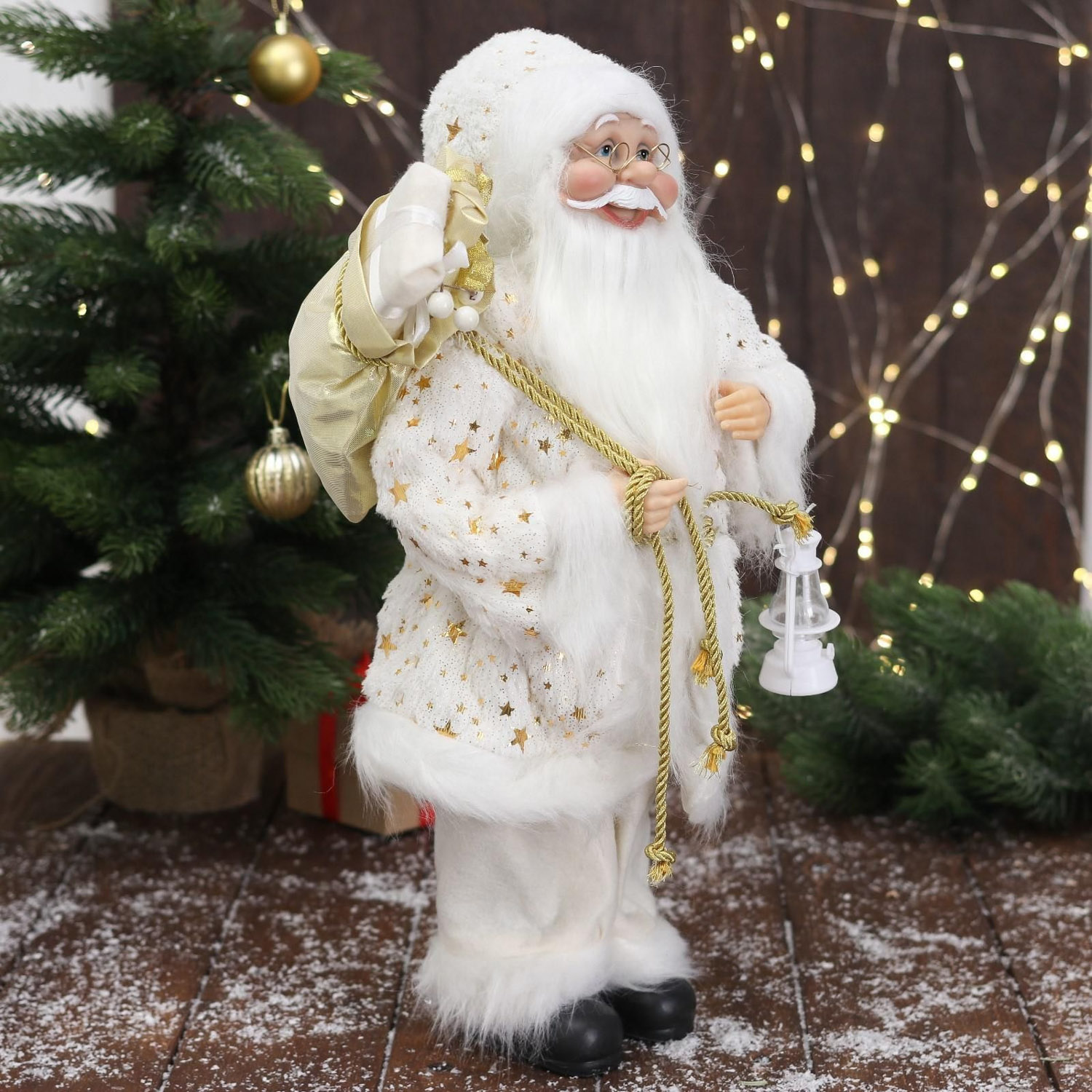 Дед Мороз "В белой звёздной  шубке, с фонарём" 45 см 4316760