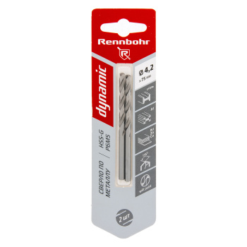 Сверло по металлу 4,20*75/43мм HSS-G P6M5 (2шт) блистер арт.675042 DYNAMIC RENNBOHR *10/40/640