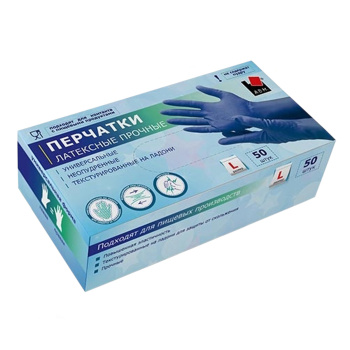 Перчатки латексные прочные L (большой) коробка 50шт (25пар) Синие HR03G  "А.Д.М." *1/10