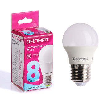 Лампа светодиодная ОНЛАЙТ, Е27, шар G45, 8 Вт, 600 Лм, 4000 К, нейтральный белый