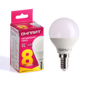 Лампа светодиодная ОНЛАЙТ, Е14, шар G45, 8 Вт, 600 Лм, 2700 К, теплый белый