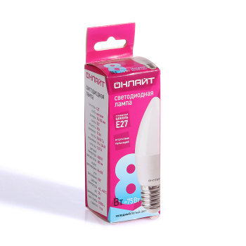 Лампа светодиодная ОНЛАЙТ, Е27, свеча C37, 8 Вт, 600 Лм, 4000 К, нейтральный белый