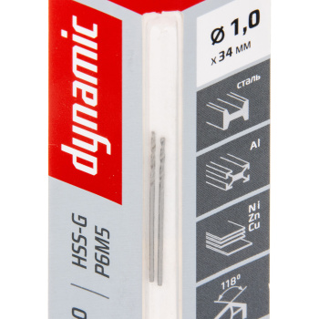 Сверло по металлу 1,00*34/12мм HSS-G P6M5 (2шт) блистер арт.675010 DYNAMIC RENNBOHR *10/40/640